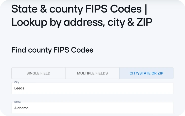 State and county FIPS Codes lookup by address, city and ZIP example screenshot