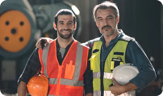 Two construction workers wearing safety vests and holding hard hats.