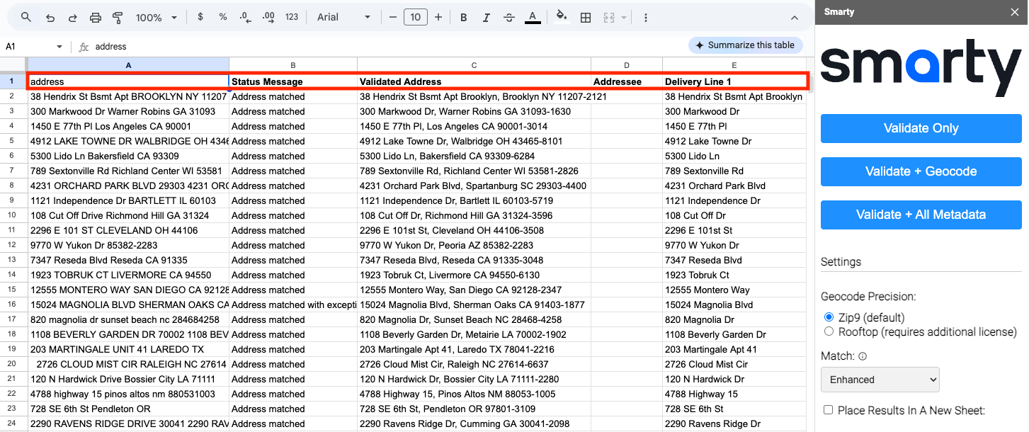 Google Sheets extension headers on document