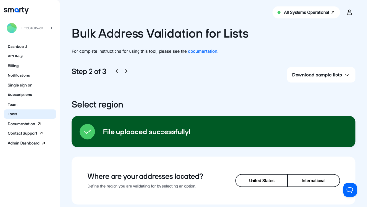 Bulk Address Validation showing successfully uploaded file.