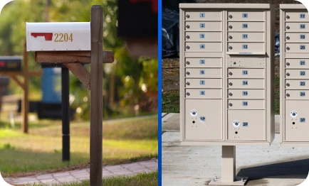 split image with single mailbox on left and community mailbox on right